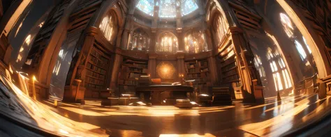 A library photographed with an ultra-wide-angle lens. A library filled with a majestic atmosphere of knowledge. High linear book...