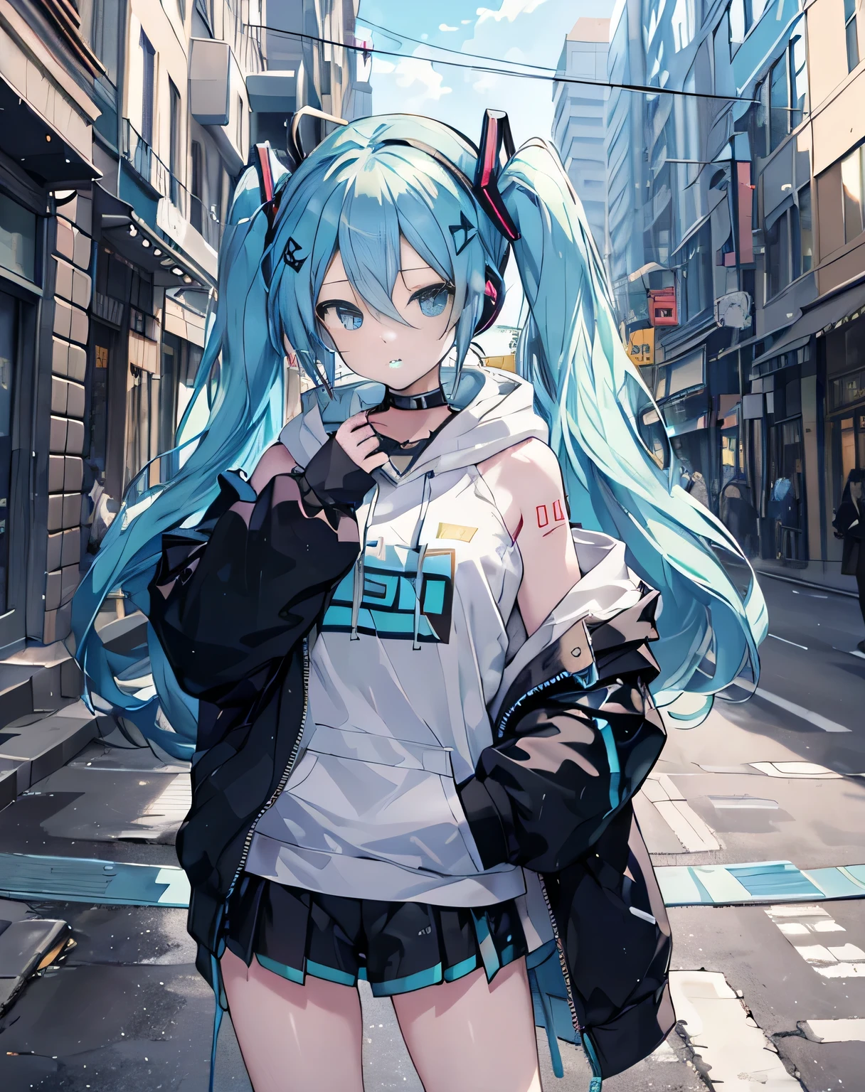 chef-d&#39;œuvre,Hatsune Miku,seul,cheveux longs,Cheveux bleus,casque de musique，sweatshirt à capuche,hors épaule:1.2, casquette de la foule, rue,Mettez vos mains sur vos hanches, mettre un&#39;Main dans la main&#39;poche de,