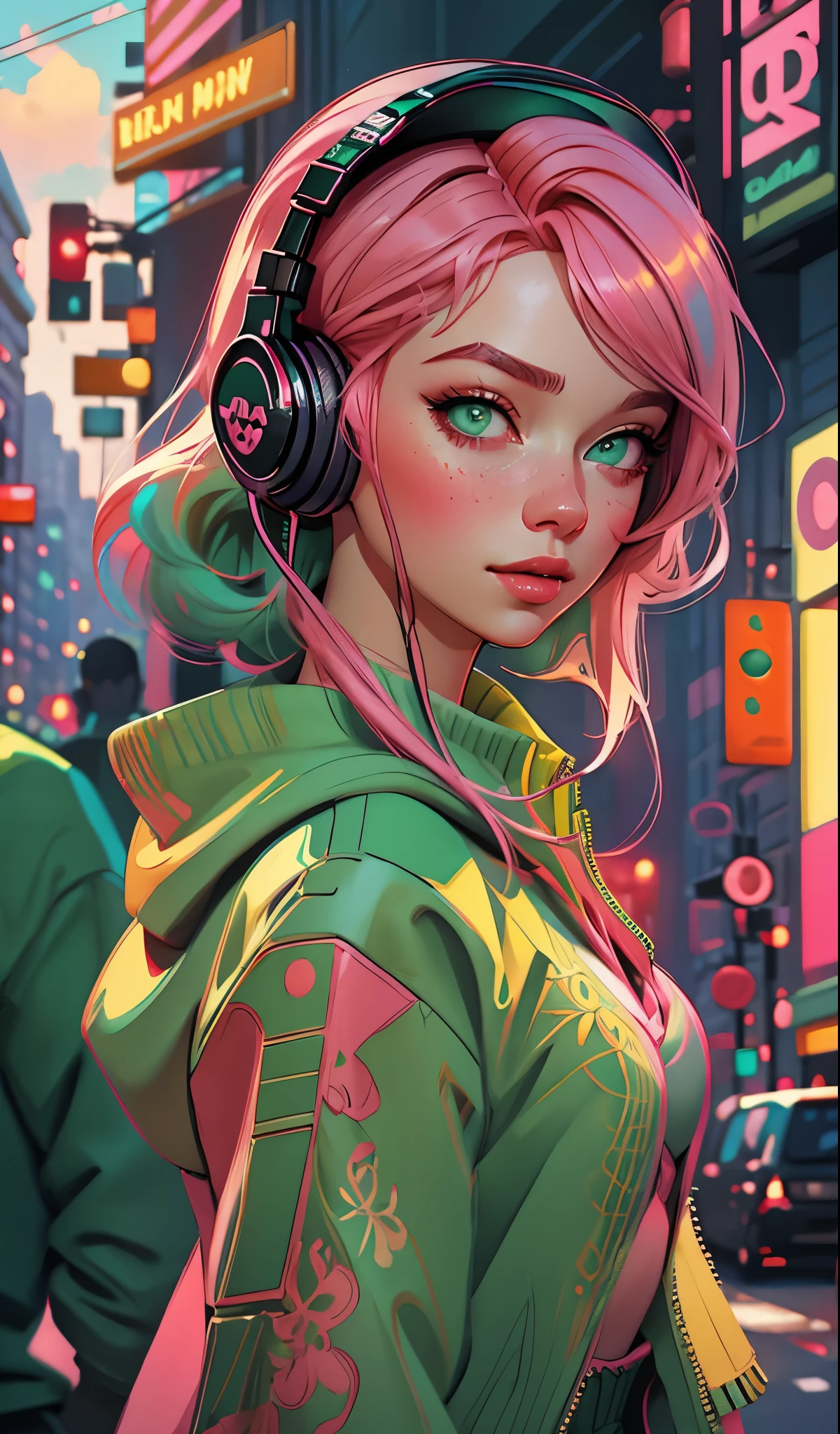 garota modelo usando fones de ouvido, fundo da cidade, olhos verde esmeralda, cabelo rosa, Detalhes intrincados, cores pastel esteticamente agradáveis, fundo do cartaz, Arte de Ilya Kuvshinov