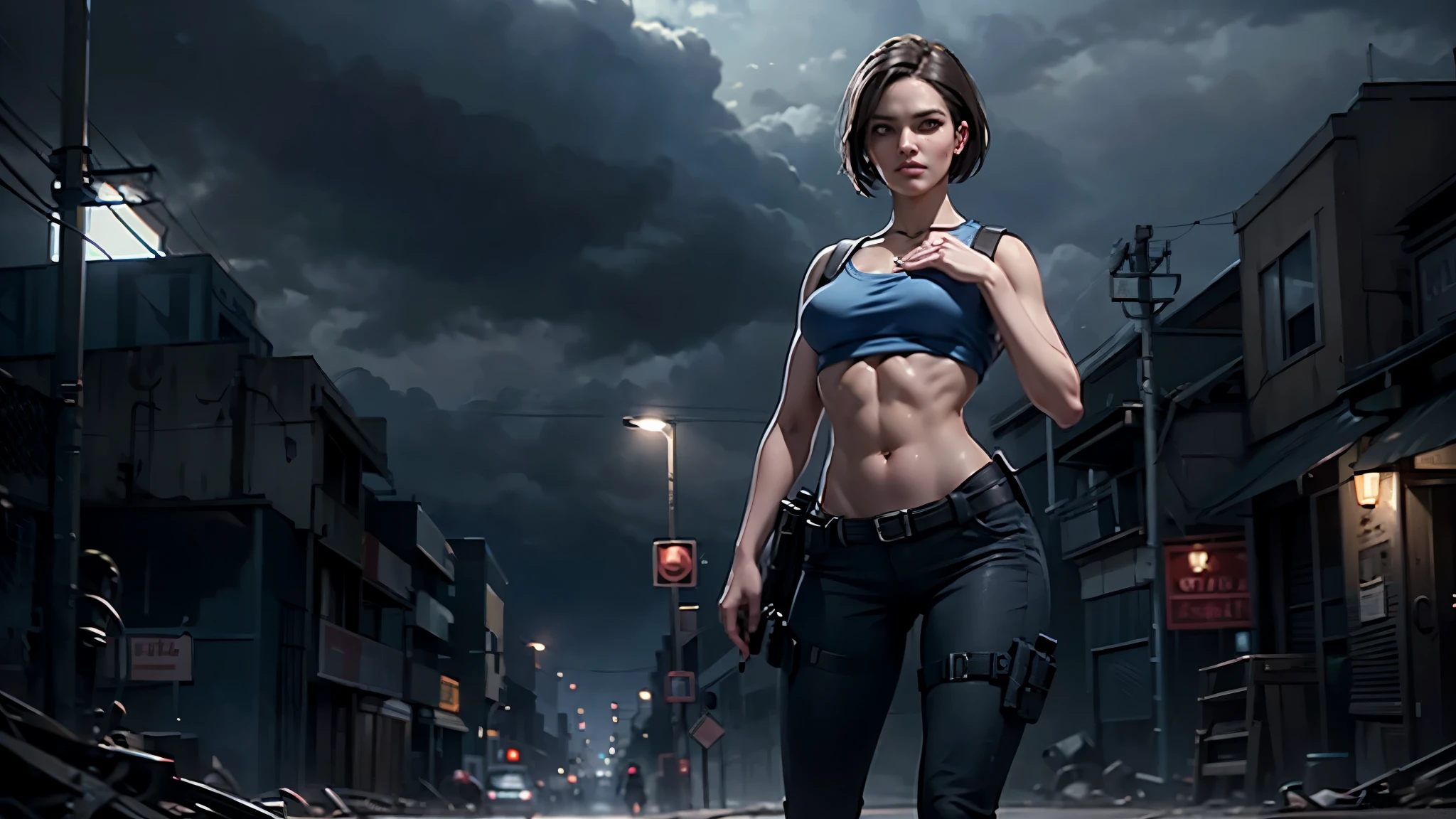 8K, mejor calidad, Jill Valentine con blusa superior de abdominales fuertes con fundas., ropa rasgada, un arma caminando por un callejón por la noche, cielo nublado, con zombies detrás de ella 