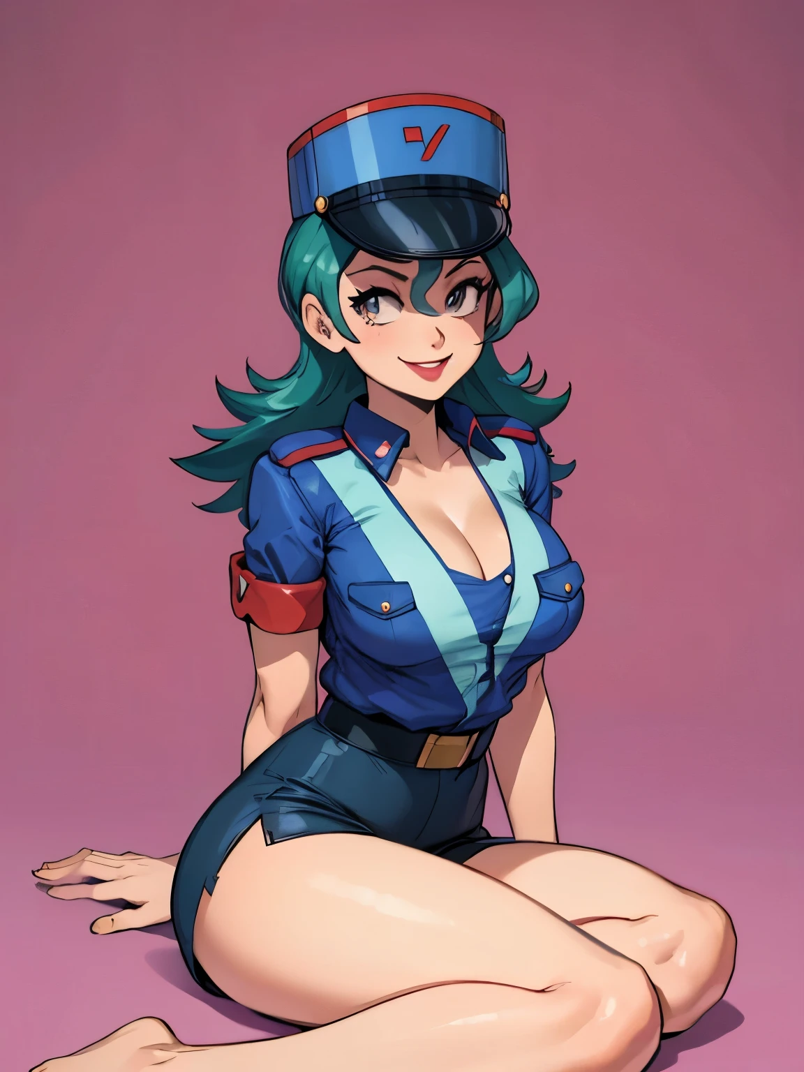 Jenny-pokémon, linda mulher policial, sentado, pernas perfeitas, ((braços atrás das costas)), camisa desabotoada, peituda, decote colossal, batom, sorridente, boné de polícia, ((Fundo simples:1.3))