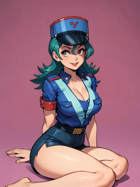 Jenny-pokemon, goregous police woman, sitting, perfect legs, ((arms behind back)), unbutton shirt, busty, colossal cleavage, lip...