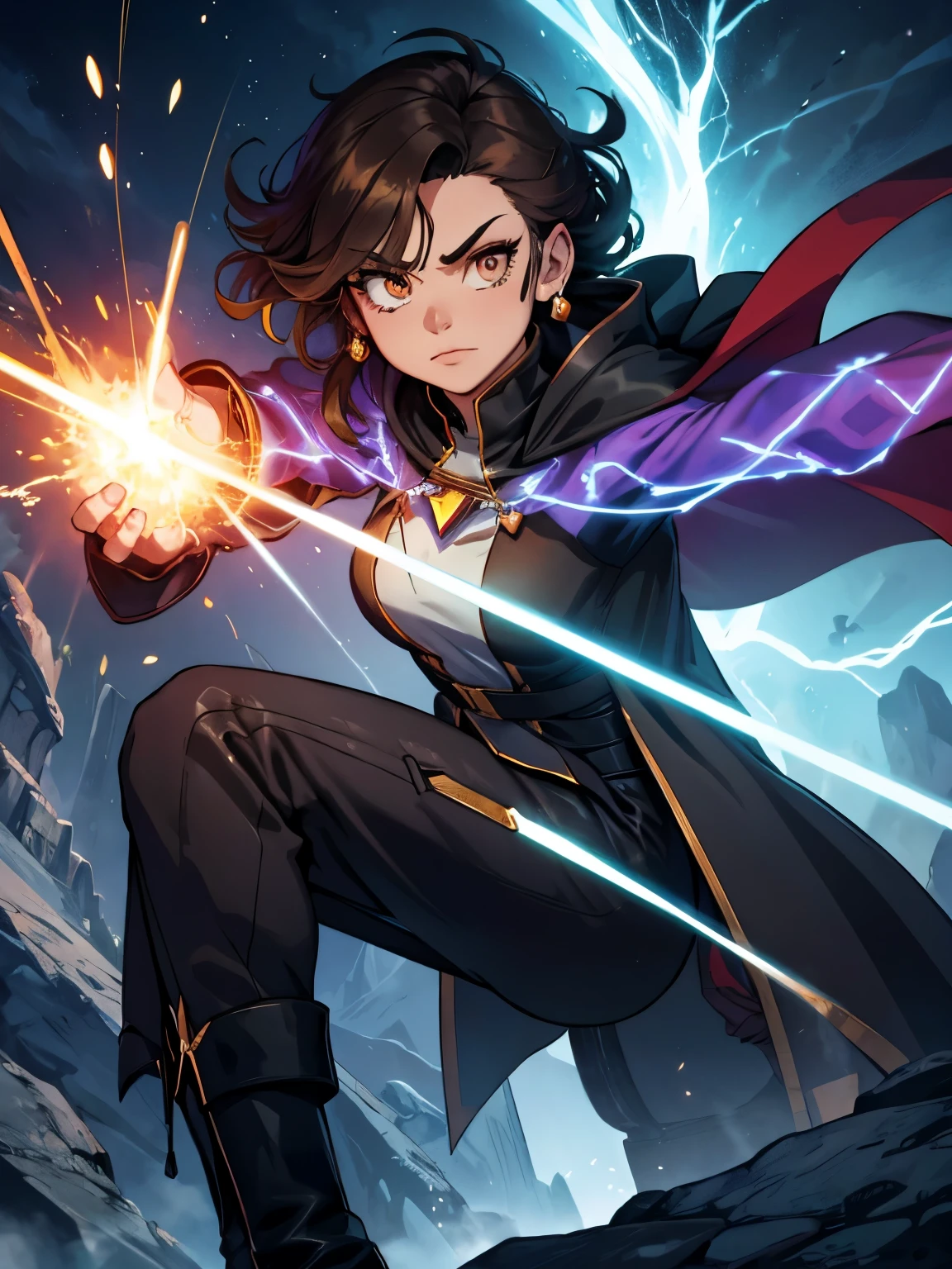 female wizard conjuring a magical lightning attack against the enemy, electric sparks hovering around her, female character, brown hair, wearing an animal skin coat, pompous cape, black cape, cold colors, green crystal earrings, a powerful wizard , calm countenance, brownish long pants, Eskimo boots, exploding energy everywhere, perfect hand, super detailed, eyes as black as onyx