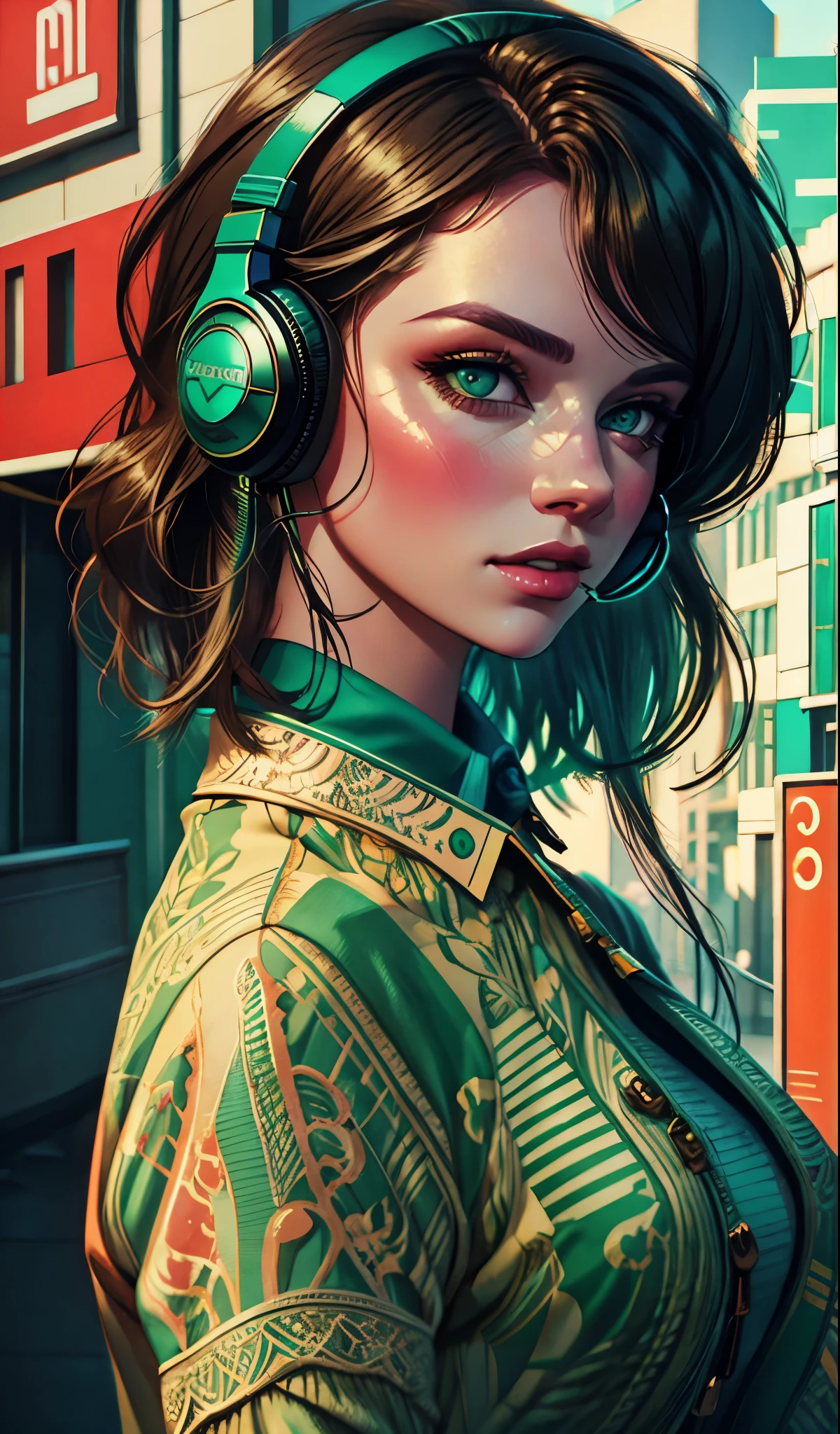 model girl wearing headphones, city background, emerald green eyes, intricate details, aesthetically pleasing pastel colors, poster background, art by conrad roset and ilya kuvshinov