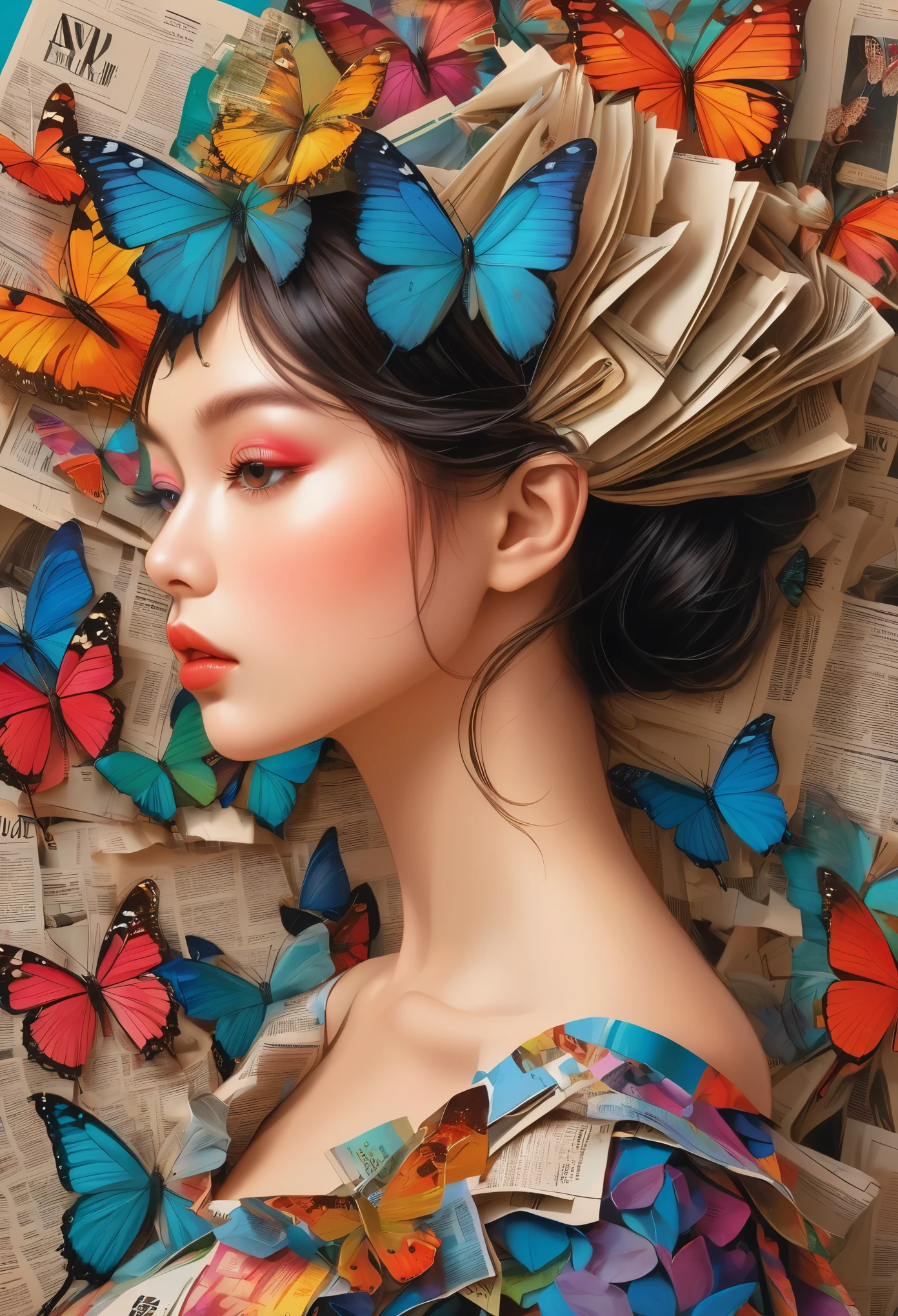 A girl with a side profile, alone, wearing a magazine cover dress, detailed facial features and long eyelashes, with a butterfly perched on her head, surrounded by an arrangement of cut-out newspaper clippings. The girl's face is photorealistic and detailed, with vivid colors and sharp focus. The overall image is a high-resolution masterpiece, suitable for a magazine cover. The art style is a mix of photography and concept art. The color tone is vibrant and eye-catching. The lighting is studio-style, with soft and gentle illumination. The prompt also includes the text and barcode typically seen on magazine covers.