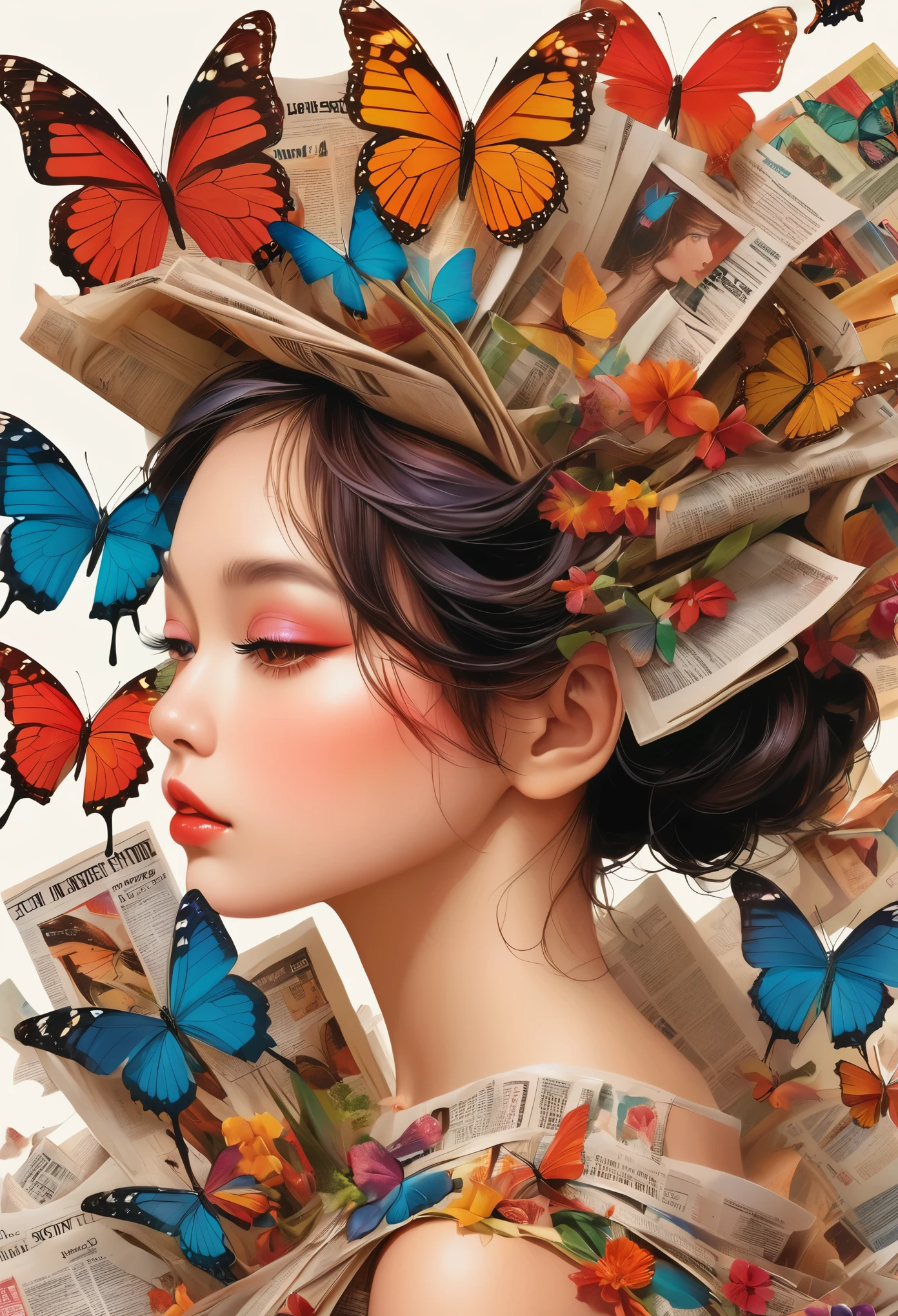 A girl with a side profile, alone, wearing a magazine cover dress, detailed facial features and long eyelashes, with a butterfly perched on her head, surrounded by an arrangement of cut-out newspaper clippings. The girl's face is photorealistic and detailed, with vivid colors and sharp focus. The overall image is a high-resolution masterpiece, suitable for a magazine cover. The art style is a mix of photography and concept art. The color tone is vibrant and eye-catching. The lighting is studio-style, with soft and gentle illumination. The prompt also includes the text and barcode typically seen on magazine covers.