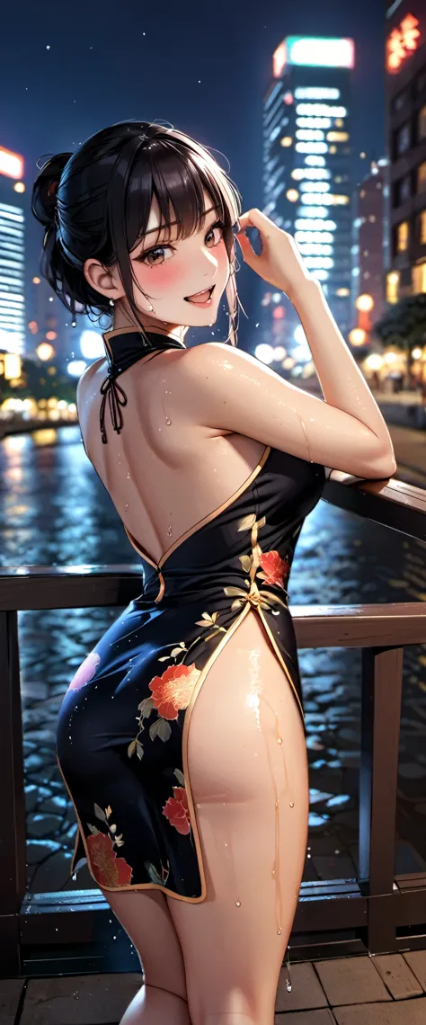 woman,20-year-old,,city,night,(((China dress))),,open mouth smile(),(()),((black hair)),blush、,((())),((turn around and look back))(wet with sweat)Reflecting the buttocks