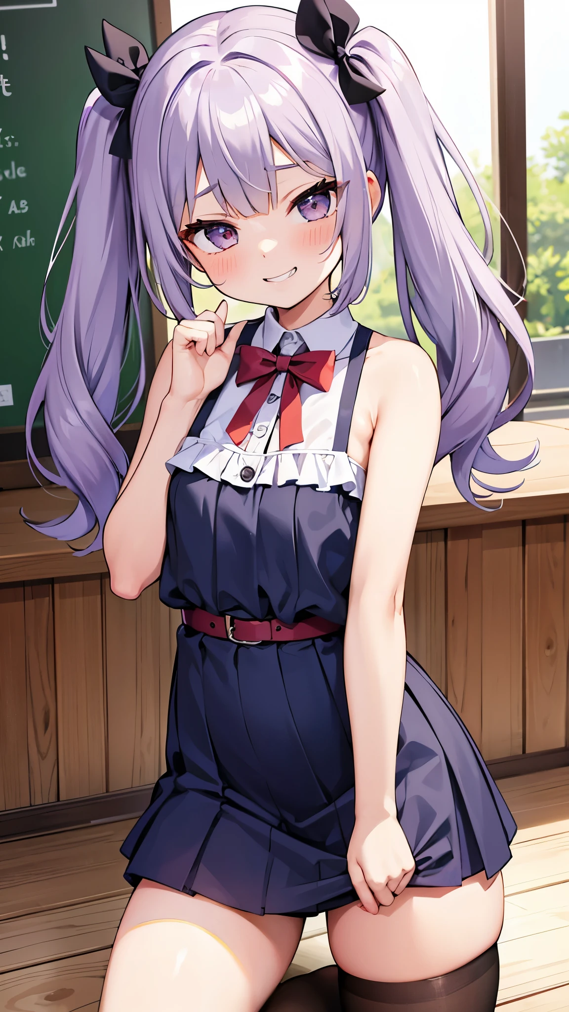 Anime girl with long purple hair and a bow tie posing in front of a  blackboard - SeaArt AI