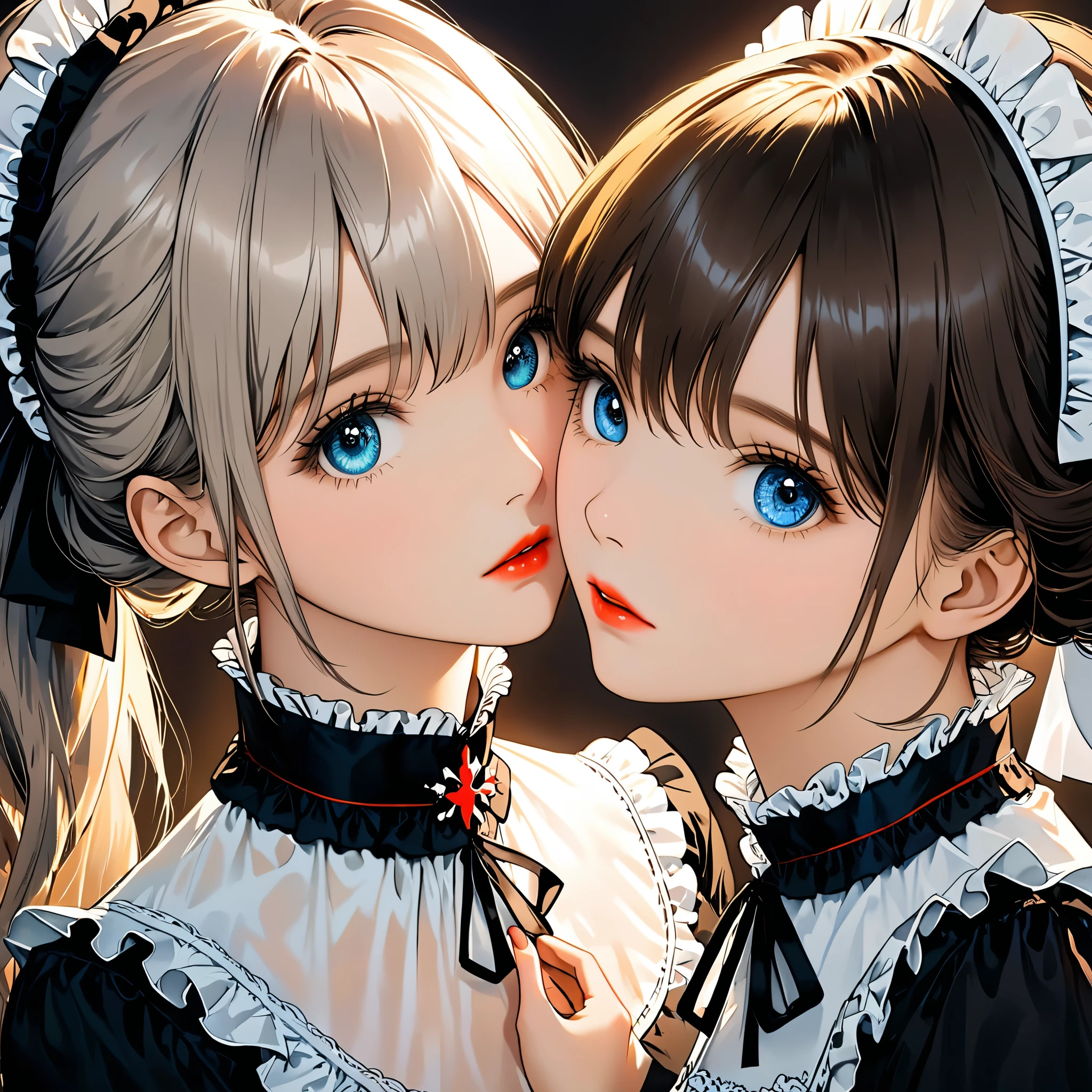 unfinished, hatching (texture)2girls,(beautiful detailed eyes,beautiful detailed lips,extremely detailed eyes an2 maids, face to face, (adjusting collar:1.37), cortical collar, maid decoration, (beautiful detailed eyes), portrait, vivid colors, warm tones, studio lighting, illustration, 