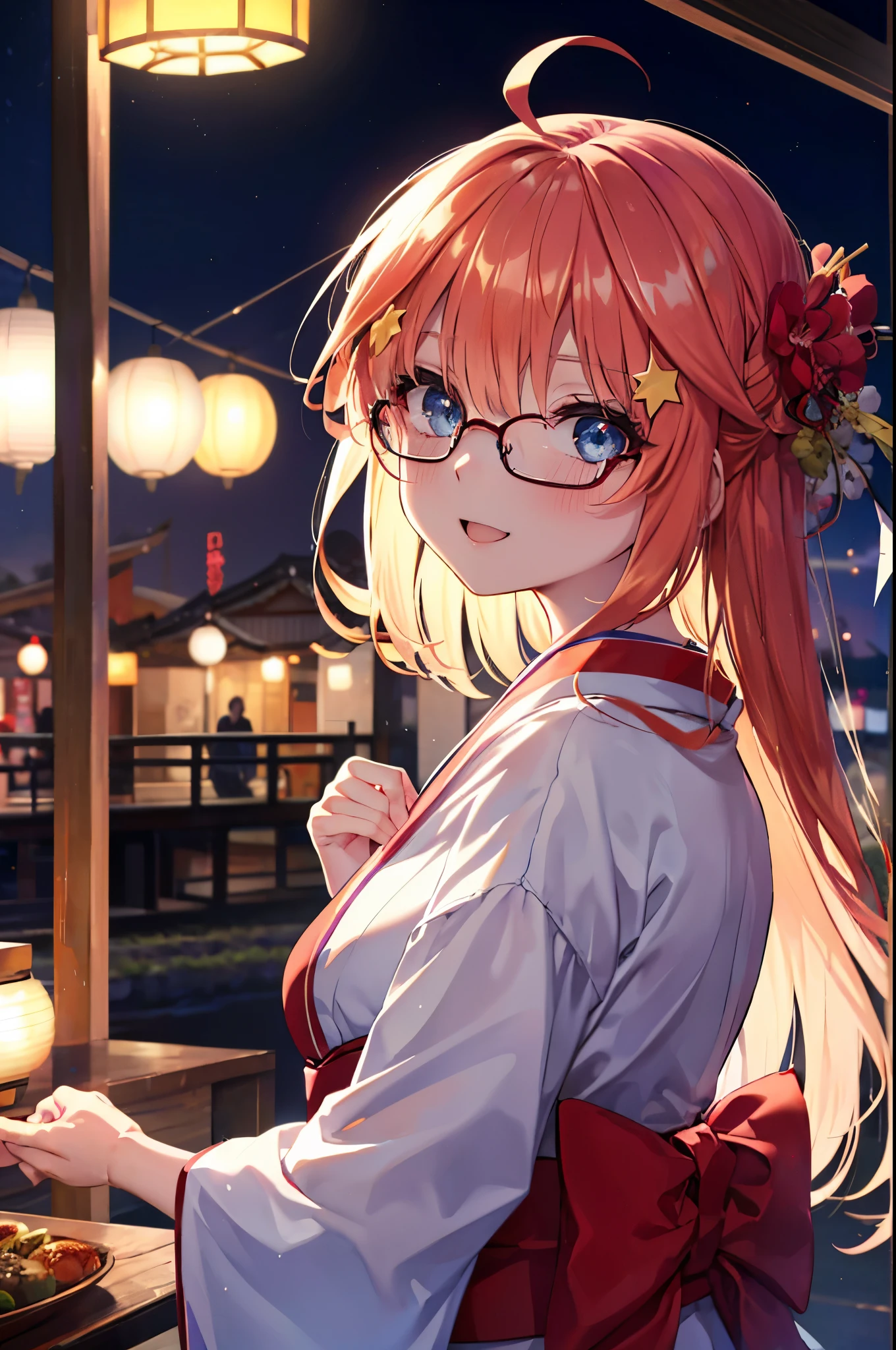 itsukinakano, itsuki nakano, bangs, blue eyes, hair between eyes, Ahoge, redhead, star \(symbol\), hair ornaments, star hair ornaments,Akabu&#39;s glasses,smile,blush,happy atmosphere,open your mouth,long hair,tie your hair back,red gorgeous kimono,night空の花火,fireworks,Zori sandals,japanese festival,summer festival stalls,red lantern,night,So that the whole body is included in the illustration, night
break outdoors, shrine,
break (masterpiece:1.2), highest quality, High resolution, unity 8k wallpaper, (shape:0.8), (fine and beautiful eyes:1.6), highly detailed face, perfect lighting, Very detailed CG, (perfect hands, perfect anatomy),