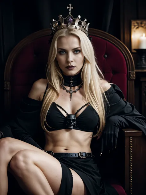 blond woman with a crown sitting on a bed next to a skull, scary queen of death, queen of death, goddess of death, dark goth que...