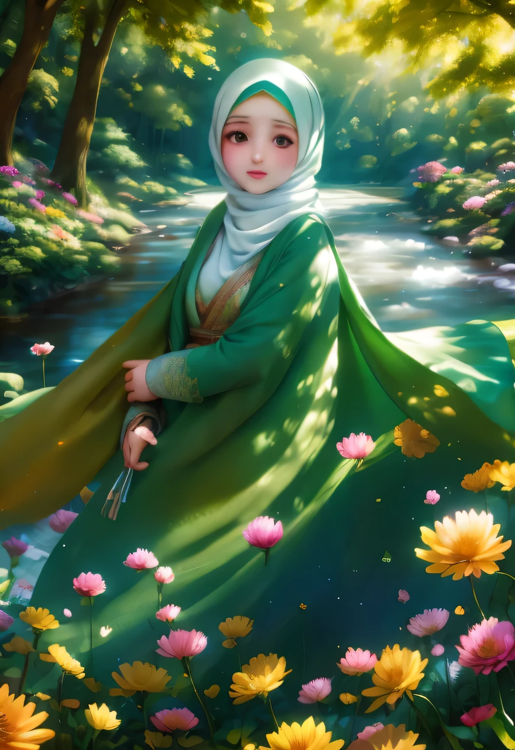 Girl wearing hijab in a forest with floating flowers, river, undulating, undulating cheeks, cute,
bright colors, colorful art style, 
soft lighting, soft shadow, fine texture, dynamic lighting,  
nice hands, perfect hands, 
