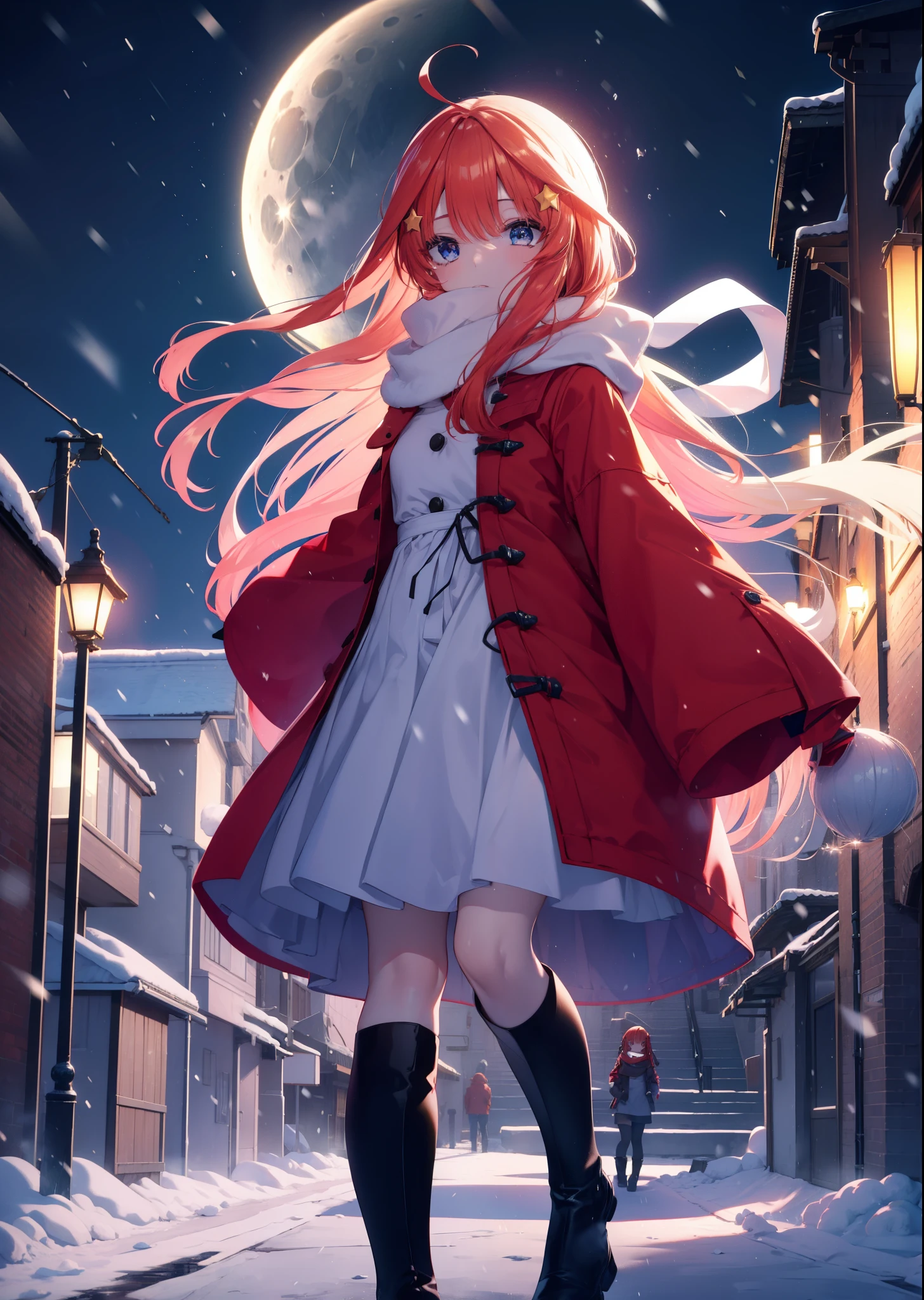 itsukinakano, itsuki nakano, bangs, blue eyes, hair between eyes, Ahoge, redhead, star \(symbol\), hair ornaments, star hair ornaments,red coat,white scarf,white sweater,He wears fluffy gloves on both hands..,long skirt,black tights,short boots,It&#39;s snowing,It&#39;s snowing,winter,cold sky,moonlight,full moon,よる
break outdoors, In town,building street,
break (masterpiece:1.2), highest quality, High resolution, unity 8k wallpaper, (figure:0.8), (detailed and beautiful eyes:1.6), highly detailed face, perfect lighting, Very detailed CG, (perfect hands, perfect anatomy),