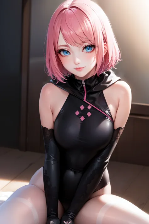 deep skin,textured skin, ,sakura haruno,(pink hair:1.4),(short hair:1.6),
break  (bare shoulders, black gloves, blue hood, claw ...