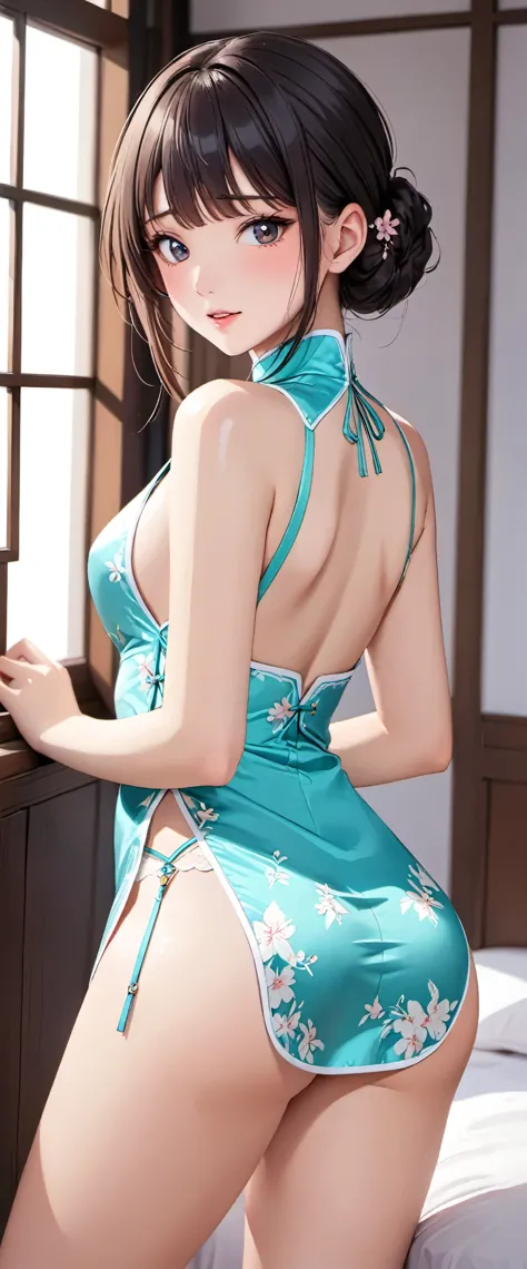 High resolution, adult woman , good lighting, despicable, , (No nudity), (((shiny cheongsam))), (()), ((())), (garter belt), abdomen only, (),  ,  cute face, I&#39;m embarrassed and blush, humiliating, ((turn around and look back)), (T-back)(a large amount...