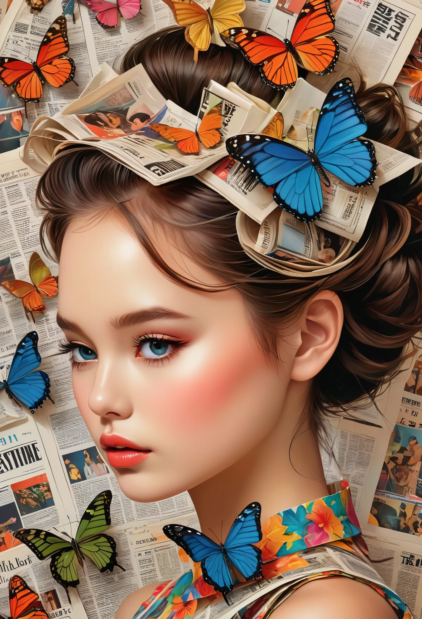 A girl with a side profile, alone, wearing a magazine cover dress, detailed facial features and long eyelashes, with a butterfly perched on her head, surrounded by an arrangement of cut-out newspaper clippings. The girl's face is photorealistic and detailed, with vivid colors and sharp focus. The overall image is a high-resolution masterpiece, suitable for a magazine cover. The art style is a mix of photography and concept art. The color tone is vibrant and eye-catching. The lighting is studio-style, with soft and gentle illumination. The prompt also includes the text and barcode typically seen on magazine covers.