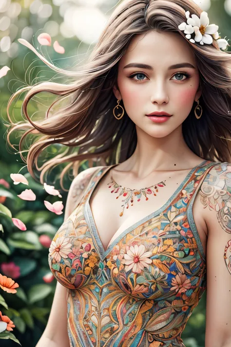 best quality, 8k, highres, masterpiece, ultra-detailed, realistic, a woman in colorful lace dress, colorful petals of flowers fl...