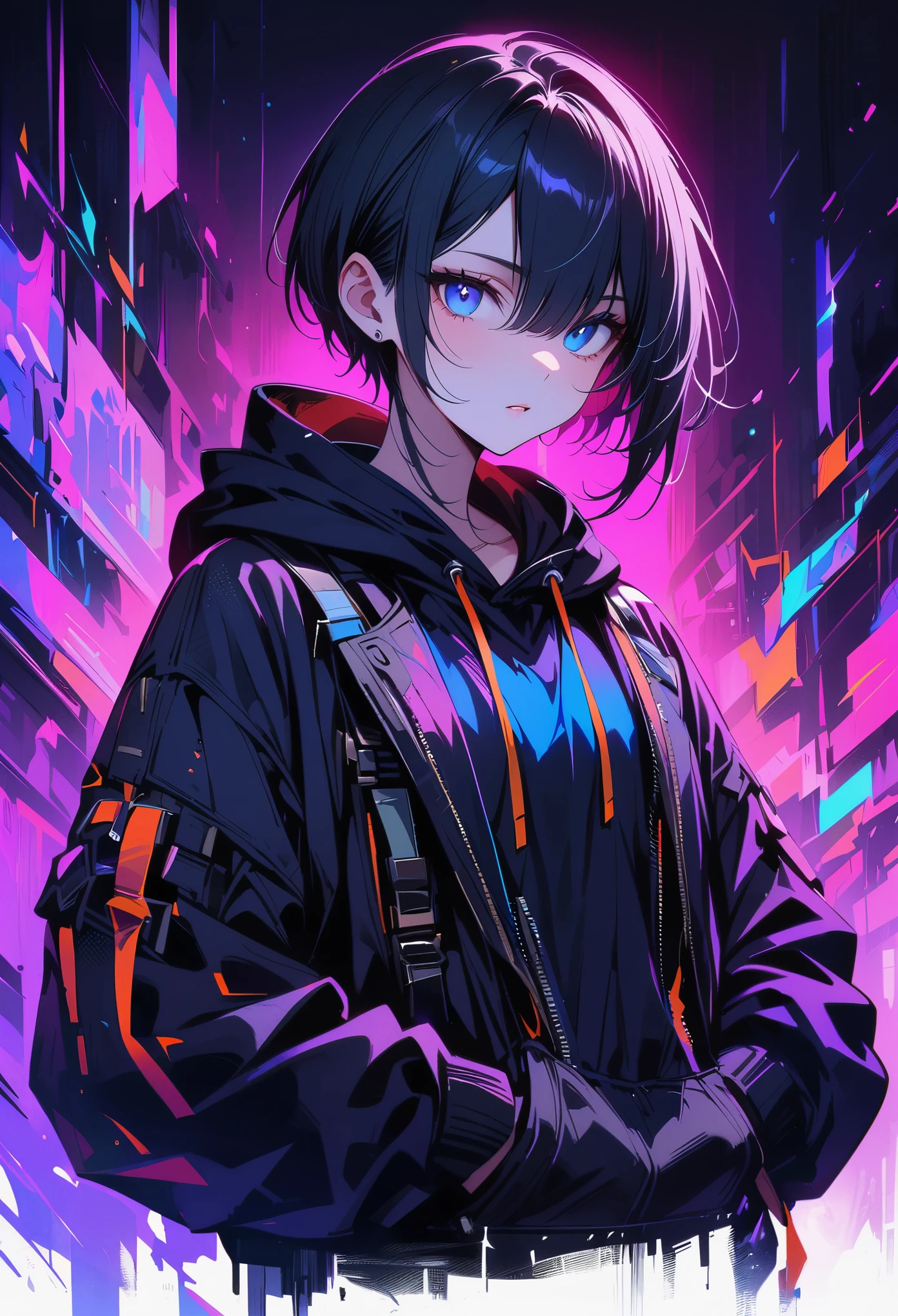 blacklight,(masterpiece), ((Best image quality)), 8K, high detail, Super details, 1 person ((androgynous)), pale skin, very short hair, (Pixie cut), Asymmetric bangs, ((soft violet)), (blue eyes), Black beanie, (Black long sleeve cropped hoodie) Under the white vest and suspenders, Clothing style is futuristic ((futuristic style background))