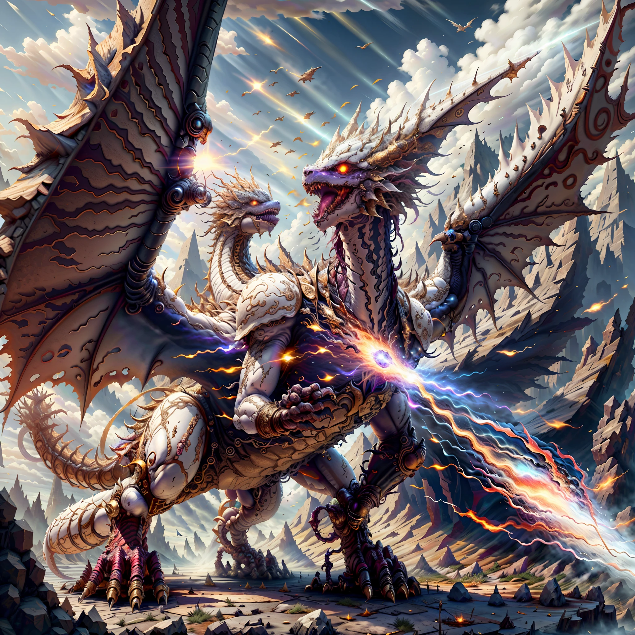 (highest quality,4k,8K,High resolution,masterpiece:1.4),Super detailed,(realistic photo style),ff14style,(1 crystal dragon:1.2),(very powerful laser beam from mouth:1.4),huge and majestic wings,powerful fangs,shining scales,(Flying majestically over the sky:1.2),(white background:1.3),(particle of sunbeams:1.3),dramatic lighting,(extreme closeup:1.3),focus head,shot from below