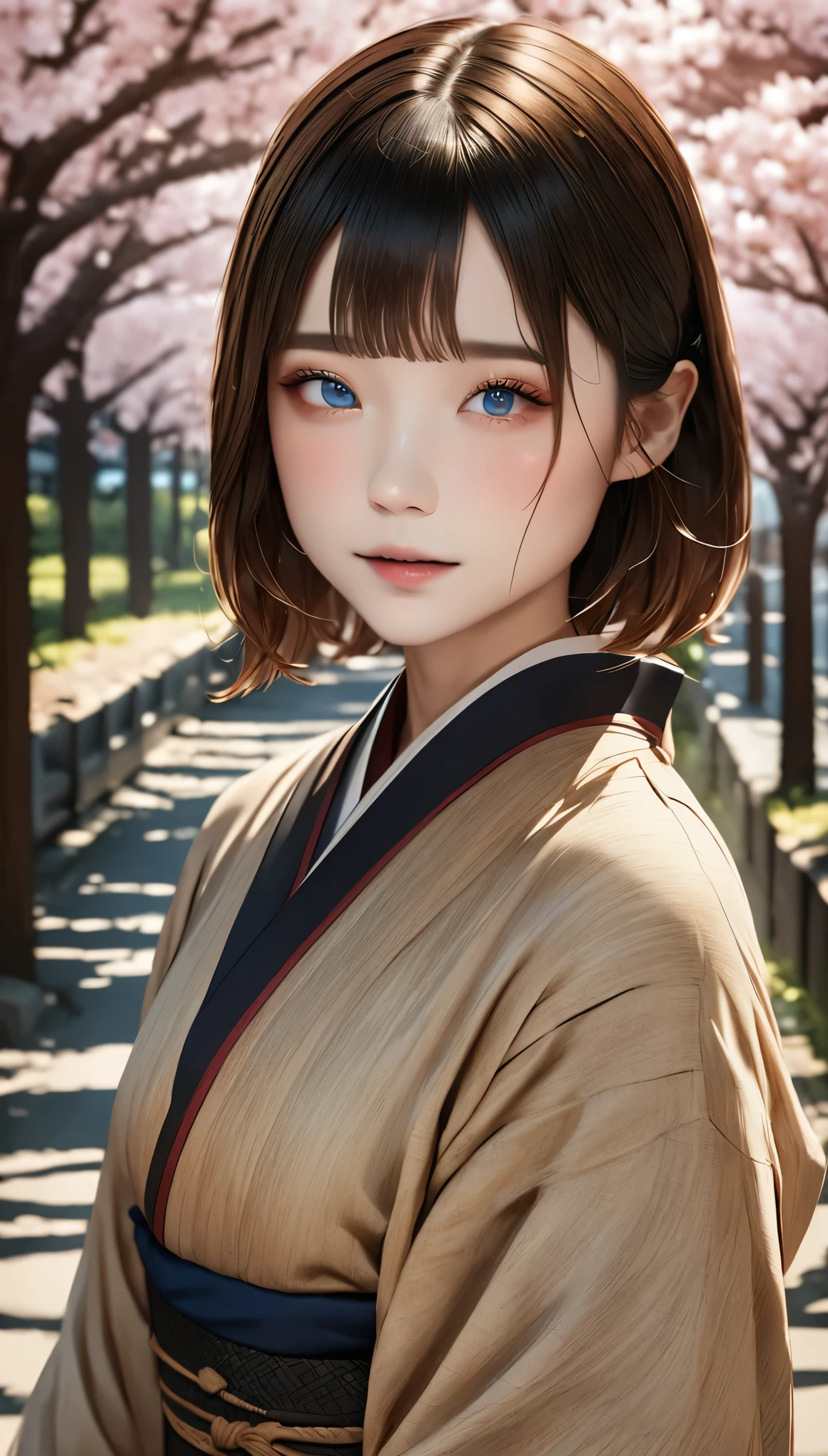 (kimono)、Japanese clothing、(highest quality,masterpiece:1.3,超A high resolution,),(Super detailed,caustics),(Photoreal:1.4,RAW shooting,)ultra-realistic capture,very detailed,High resolution 16K suitable for human skin、cute顔、１６talent、baby face、 natural skin texture、anime style、Skin tone looks even and healthy、 Use natural light and color,one woman,Japanese,,cute,beautiful silky brown hair,middle hair,(Depth of written boundary、chromatic aberration、wide lighting range、natural shading、)、(hair swaying in the wind:1.3)、(Cherry tree in full bloom:1.3)、Yoshino cherry tree、The beautiful city of Kyoto