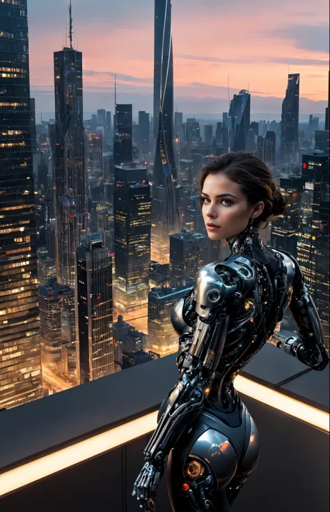 On the rooftop of a skyscraper, a male cyborg and a female cyborg engage in a sexual relationship. They are both depicted in stu...