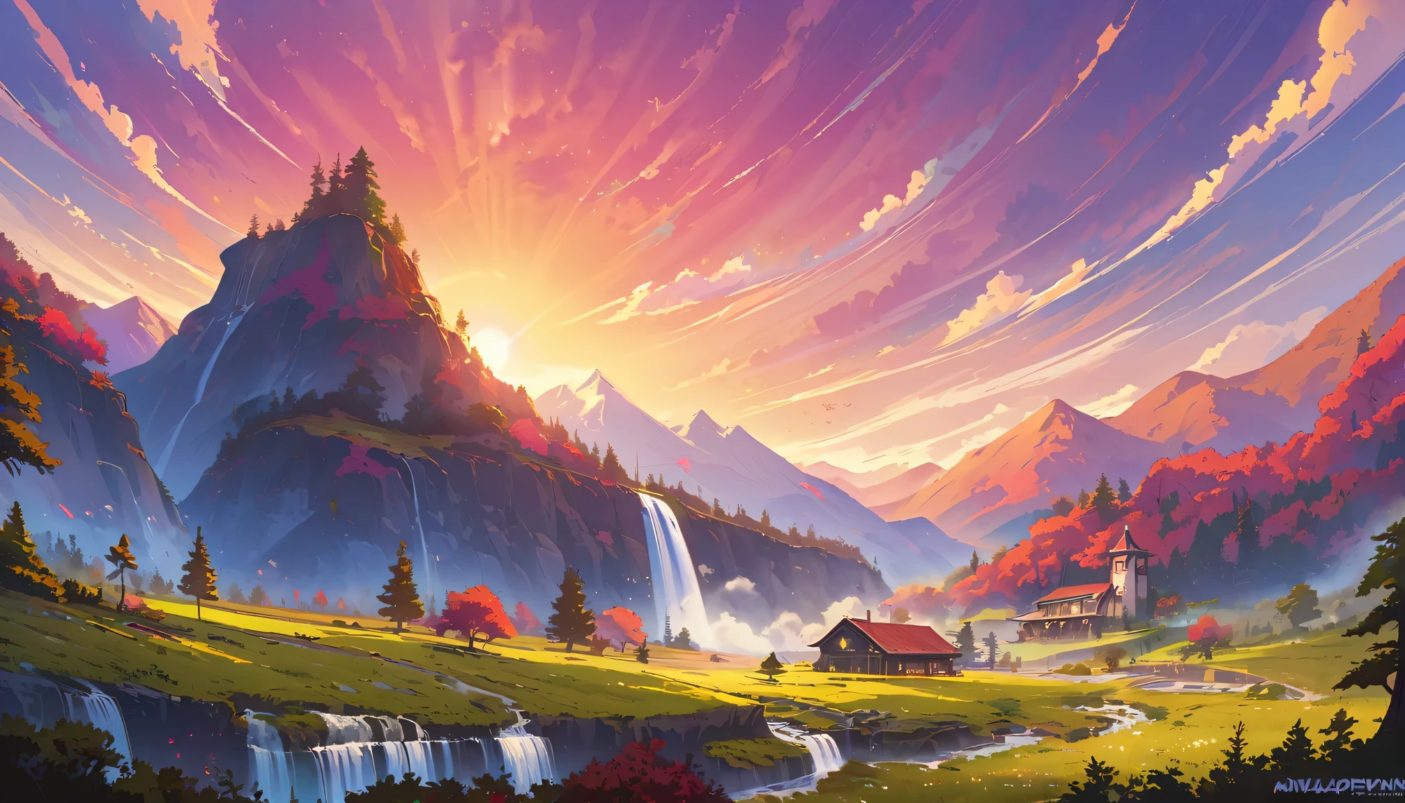 super wide angle, Chroma V5, Wink Punk, analogy style, a beautiful house，Located on a beautiful mountain，The hills are filled with super detailed spring pink trees, Set against the backdrop of a beautiful and authentic waterfall, Beautiful spectacular sunset, concept art, Artwork by Greg Rutkowski and Albert Bierstadt, Art station fashion trends, painting, octane rendering, cinematic