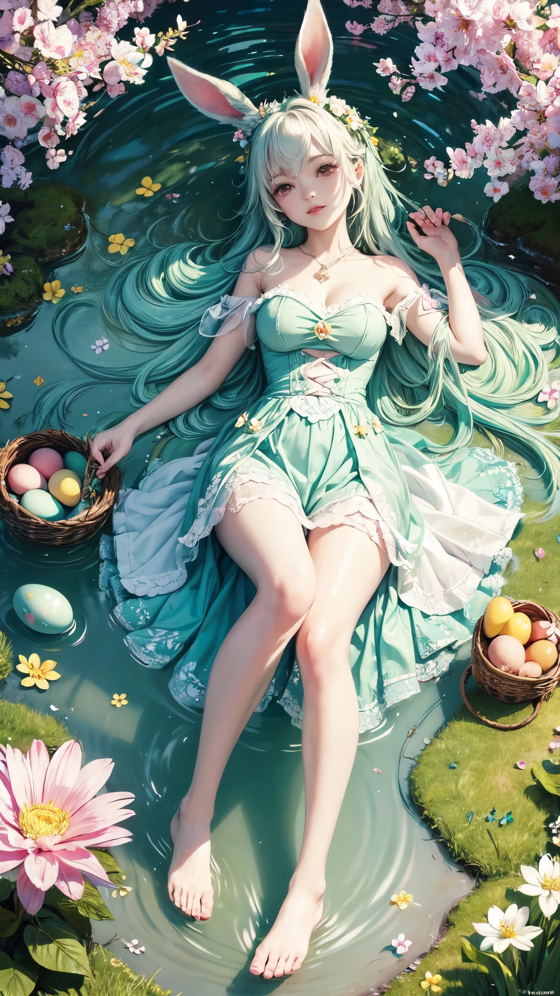 A captivating masterpiece of an Easter Bunny Girl, her pastel-hued rabbit ears framed against a backdrop of lush spring greenery. With an ethereal grace, she playfully dips her toes in the babbling creek, sending ripples across the shimmering surface. Surrounding her are vibrant, blooming flowers of every hue, their petals soft and inviting. Whimsically decorated colored eggs litter the scene, adding a delightful touch of Easter cheer. The enchanting atmosphere echoes the joy and wonder of a spring day, making this a truly mesmerizing and timeless work of art.