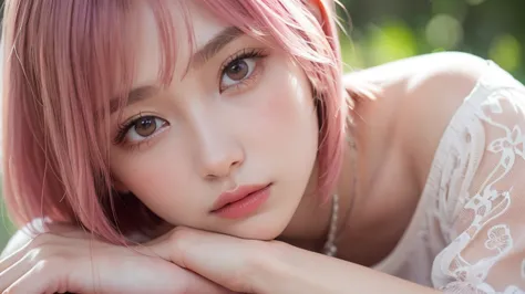 (bob cut hair, pink hair:1.2),(wearing a blouse:1.2),1 girl,Japanese,21 years old,(small breasts:1.3),(highest quality,masterpie...
