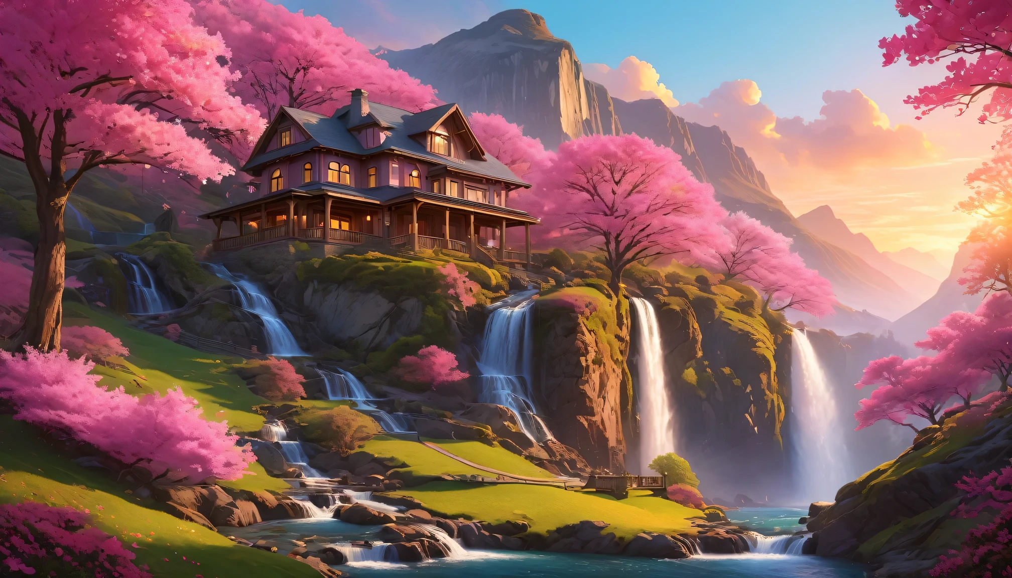 super wide angle, Chroma V5, Wink Punk, analogy style, a beautiful house，Located on a beautiful mountain，The hills are filled with super detailed spring pink trees, Set against the backdrop of a beautiful and authentic waterfall, Beautiful spectacular sunset, concept art, Artwork by Greg Rutkowski and Albert Bierstadt, Art station fashion trends, painting, octane rendering, cinematic