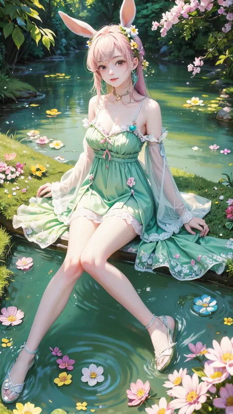 A captivating masterpiece of an Easter Bunny Girl, her pastel-hued rabbit ears framed against a backdrop of lush spring greenery...