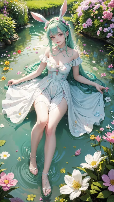 A captivating masterpiece of an Easter Bunny Girl, her pastel-hued rabbit ears framed against a backdrop of lush spring greenery...