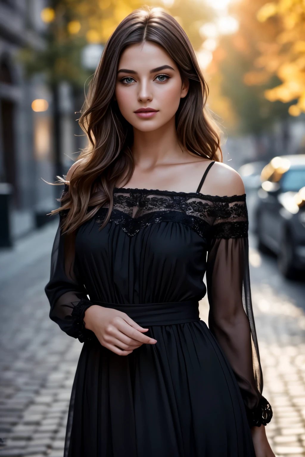 (keen focus:1.2), photoshot, attractive young KariSweetebeautiful face:1.1), Detailed dark brown eyes, luscious lips, (cat eye makeup:0.85), (smil:1.2), wearing (gown:1.2) on a (Daily Street:1.2). (Atmospheric, sunny lighting:1.2), Depth of field, bokeh, 4K, HDR. by (James C. Christensen:1.2|Jeremy Lipking:1.1).