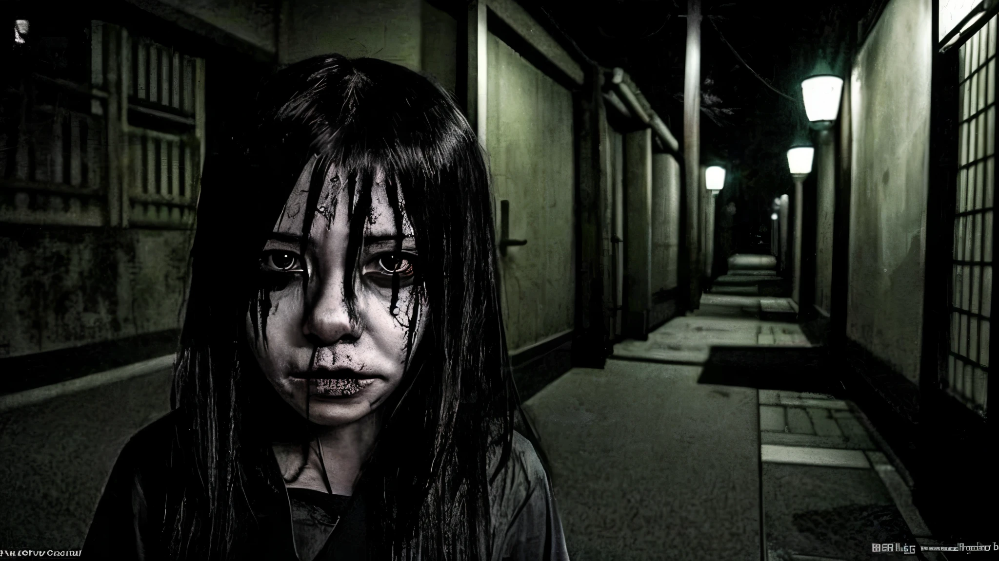 Arafed woman with black hair and makeup standing in a dark alley ...