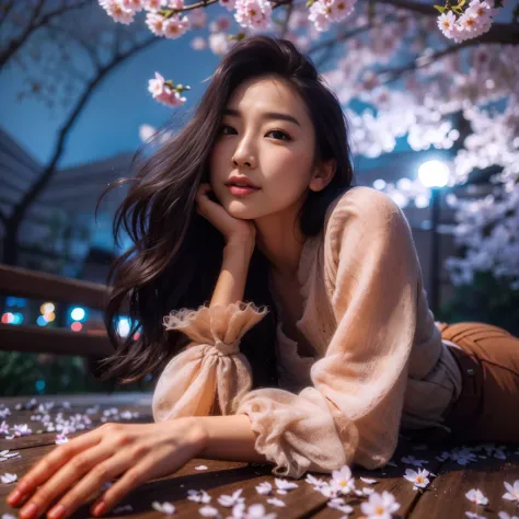 An aged Asian woman lying on a wooden bench under a cherry tree, beautiful south korean woman, beautiful young korean woman, 8k ...