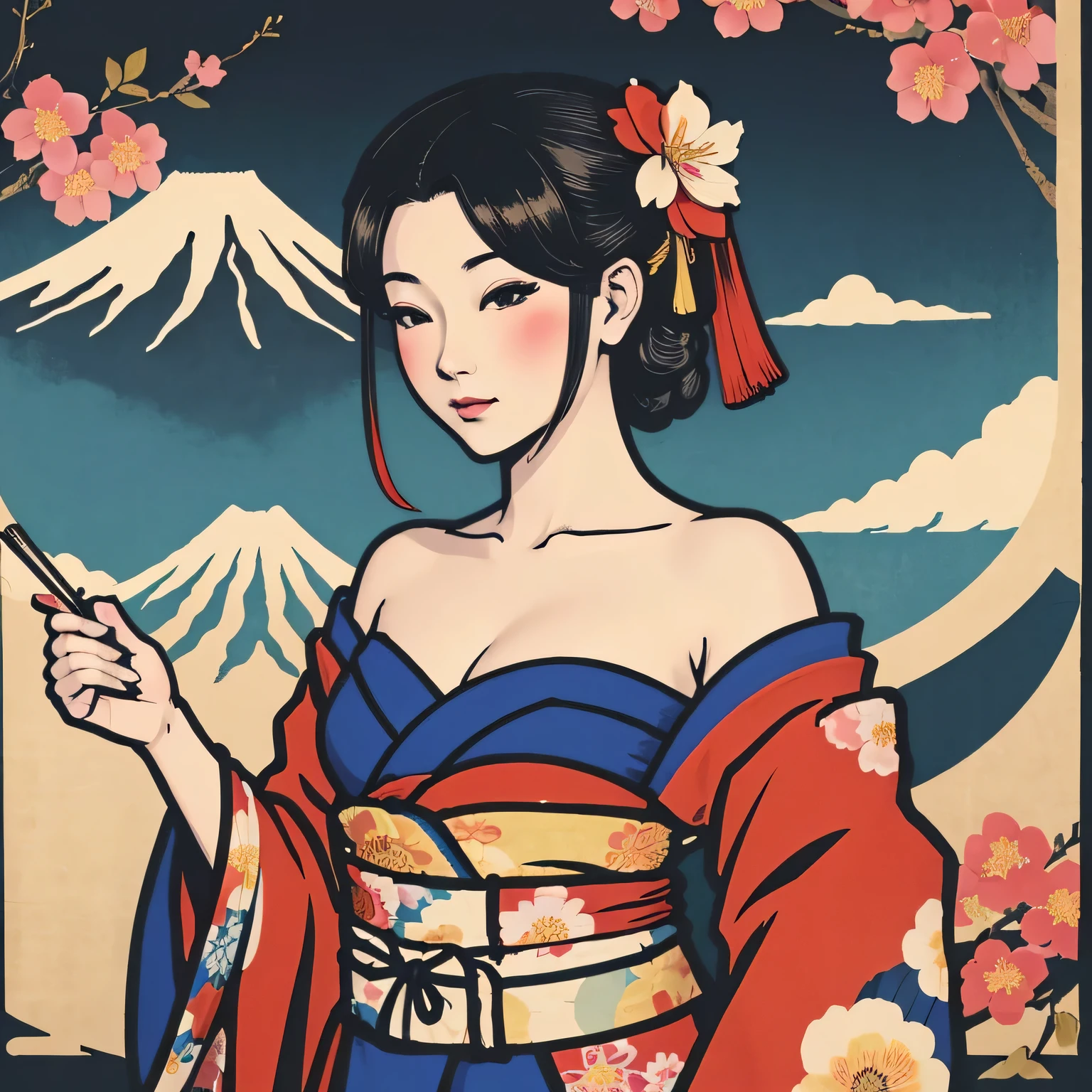 Art vintage japonais, Conception de t-shirts, Art vectoriel, plat d&#39;Art:1,4. \\ (japonaise, en kimono, best quality, Art officiel, Beaucoup de couleurs, couleurs du japon, ukiyo-e, le mont fuji, fleurs de cerisier, bare shoulders, belles formes,: 1.2)