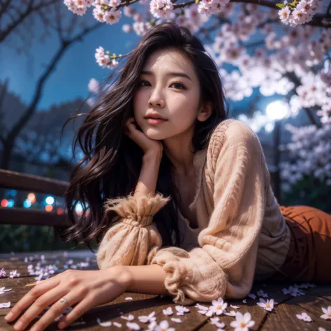 An aged Asian woman lying on a wooden bench under a cherry tree, beautiful south korean woman, beautiful young korean woman, 8k ...