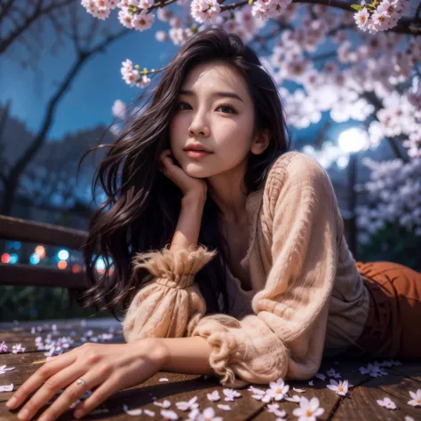 an aged asian woman lying on a wooden bench under a cherry tree, beautiful south korean woman, beautiful young korean woman, 8k ...