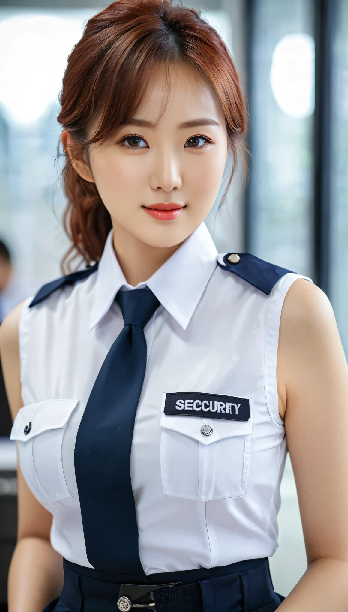 Nahaufnahme einer schönen koreanischen Frau, 36 Zoll Brustgröße, rote Haare zwischen den Augen, leicht lächeln, trägt ein blaues, schwarz-weiß thematisierte ärmellose Wachmannuniform mit Kragen, im Büro