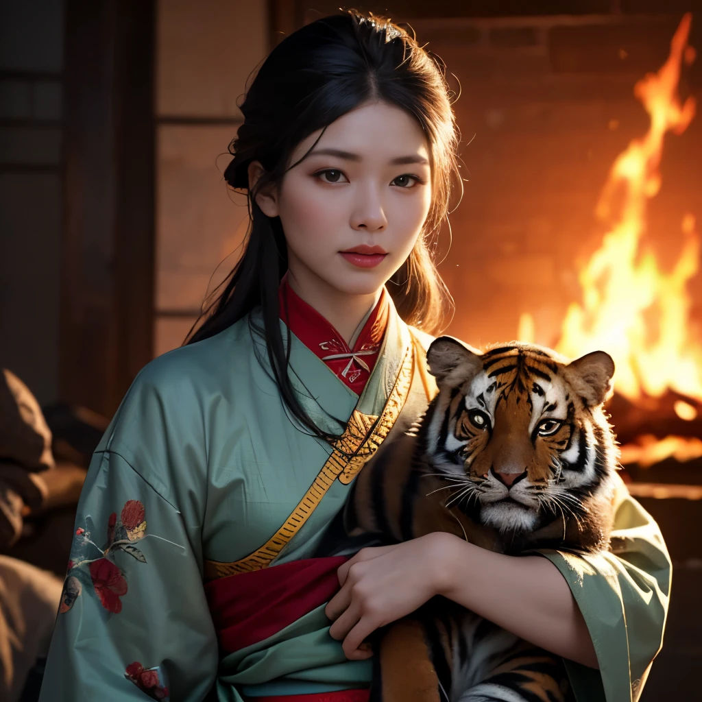 (best quality,4k,8k,highres,masterpiece:1.2),ultra-detailed,(realistic,photorealistic,photo-realistic:1.37),a powerful female monkey yokai with a small stature,strong-willed,adventurous, wearing ancient Chinese clothing,carrying a tiger fur around her waist,travelling from China to India encountering a volcanic eruption and getting caught in a wildfire, the flames engulfing her,body surrounded by intense flames with no escape,