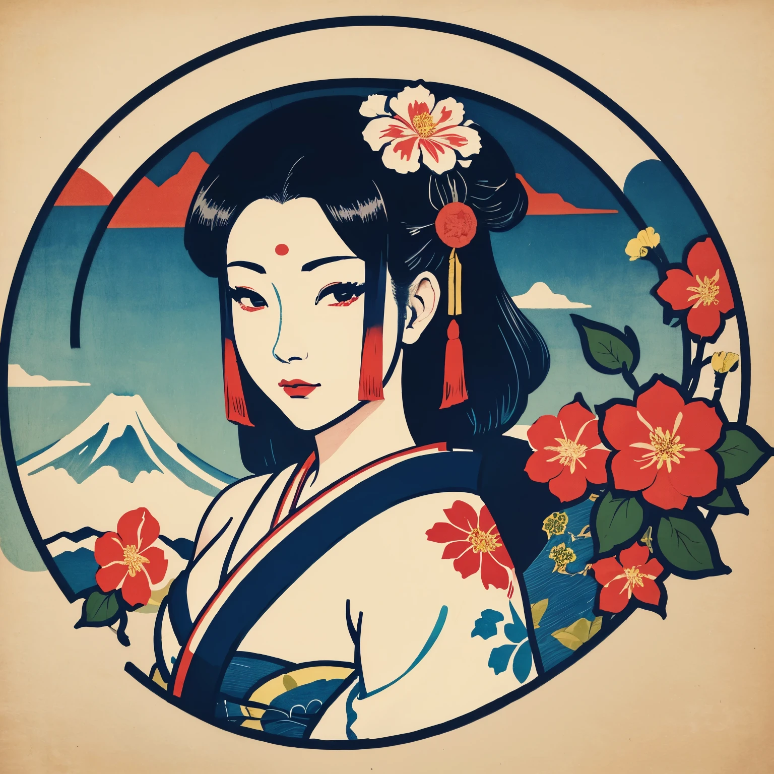 Art vintage japonais, Conception de t-shirts, art vectoriel, plat d&#39;art:1,4. \\ (japonaise, en kimono, best quality, Art officiel, Beaucoup de couleurs, couleurs du japon, ukiyo-e, le mont fuji, fleurs de cerisier, bare shoulders, belles formes,: 1.2)