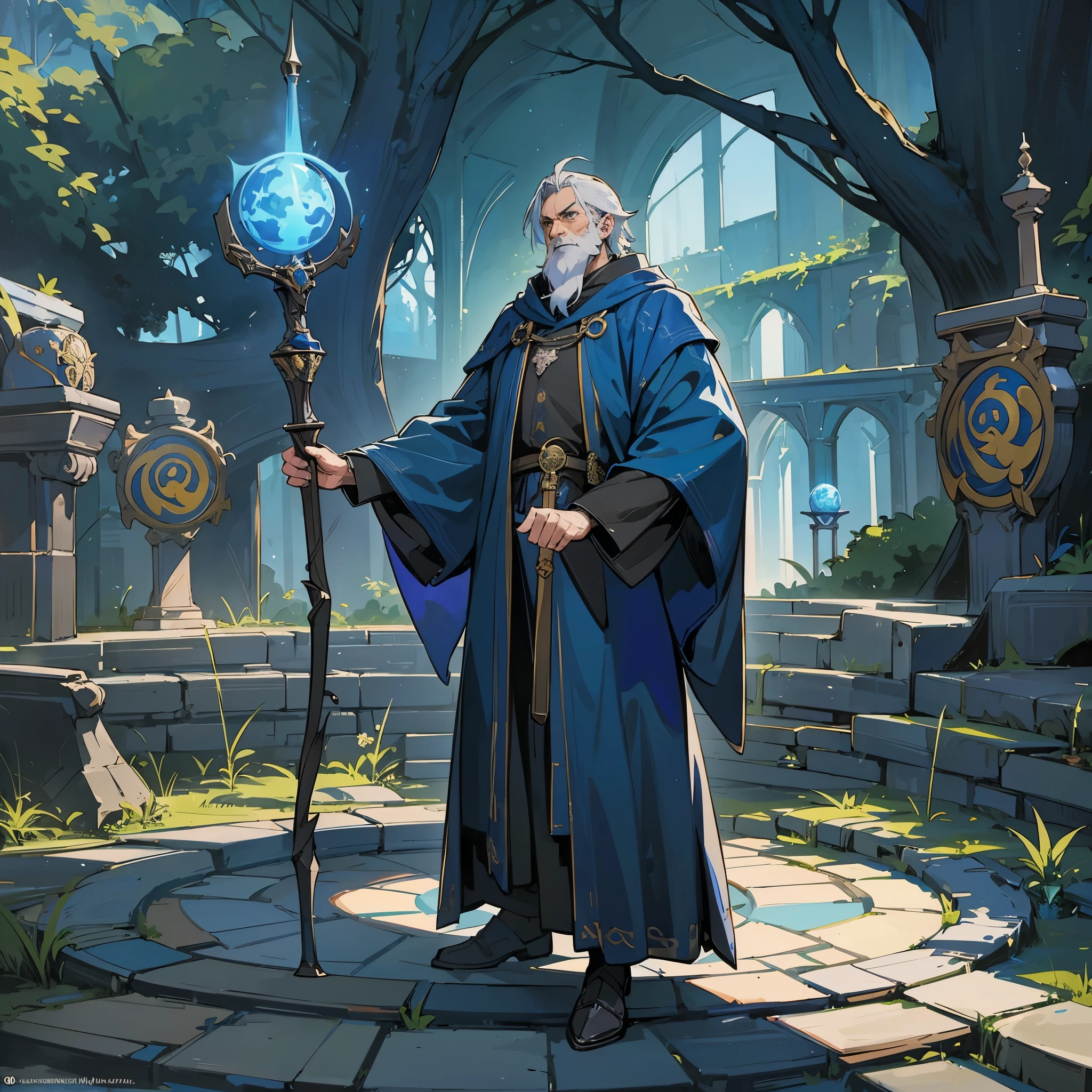 an older man，European medieval magician，wizard，Wearing dark blue mage robes，Holding staff，Stand in the middle of the magic array，The surrounding environment is a magic academy。Medium shot composition，full body picture，characters and scenes，Game concept art style，Anime illustration style，watercolor style，Marker style，high-definition，4k。