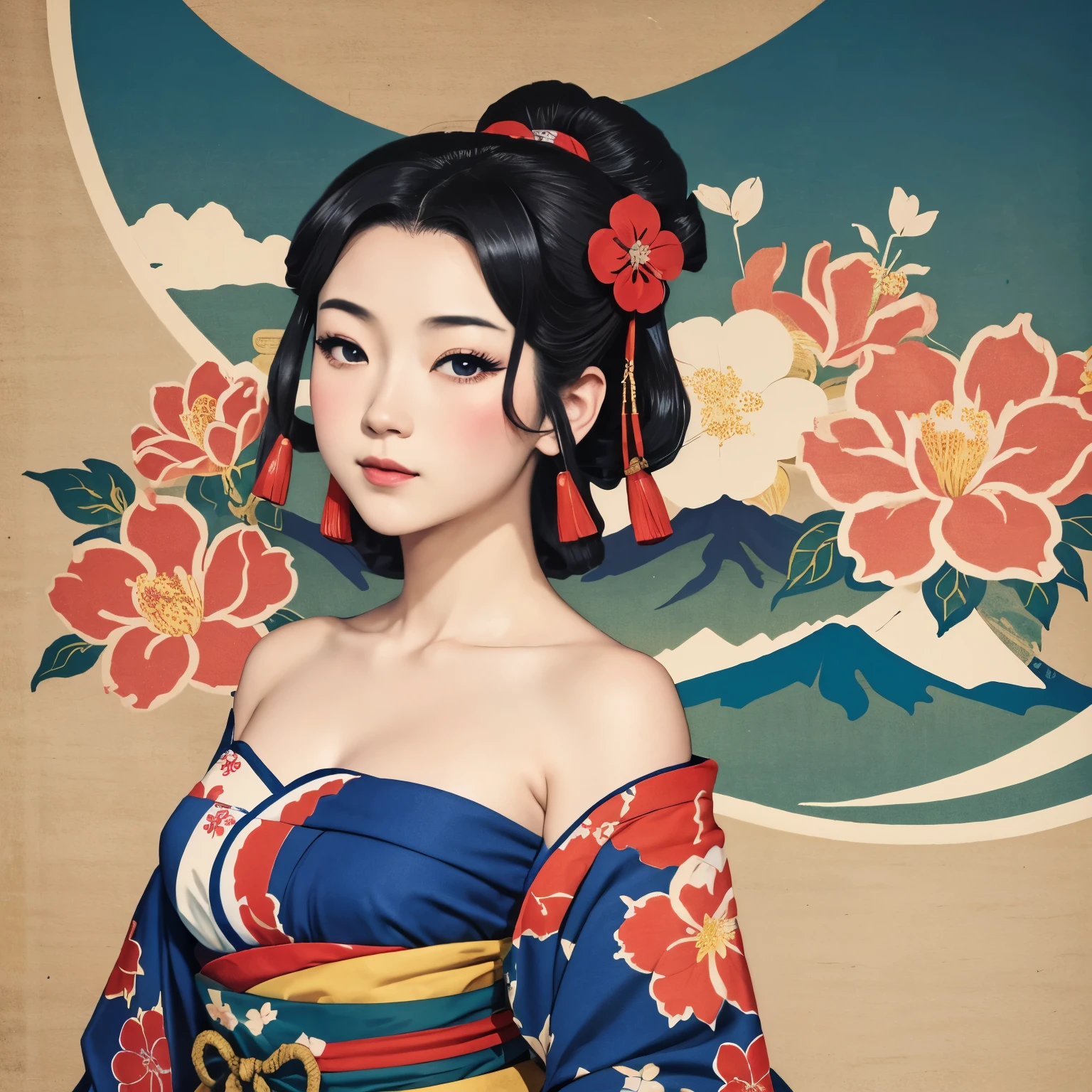 Art vintage japonais, Conception de t-shirts, art vectoriel, plat d&#39;art:1,4. \\ (japonaise, en kimono, best quality, Art officiel, Beaucoup de couleurs, couleurs du japon, ukiyo-e, le mont fuji, fleurs de cerisier, bare shoulders, belles formes,: 1.2