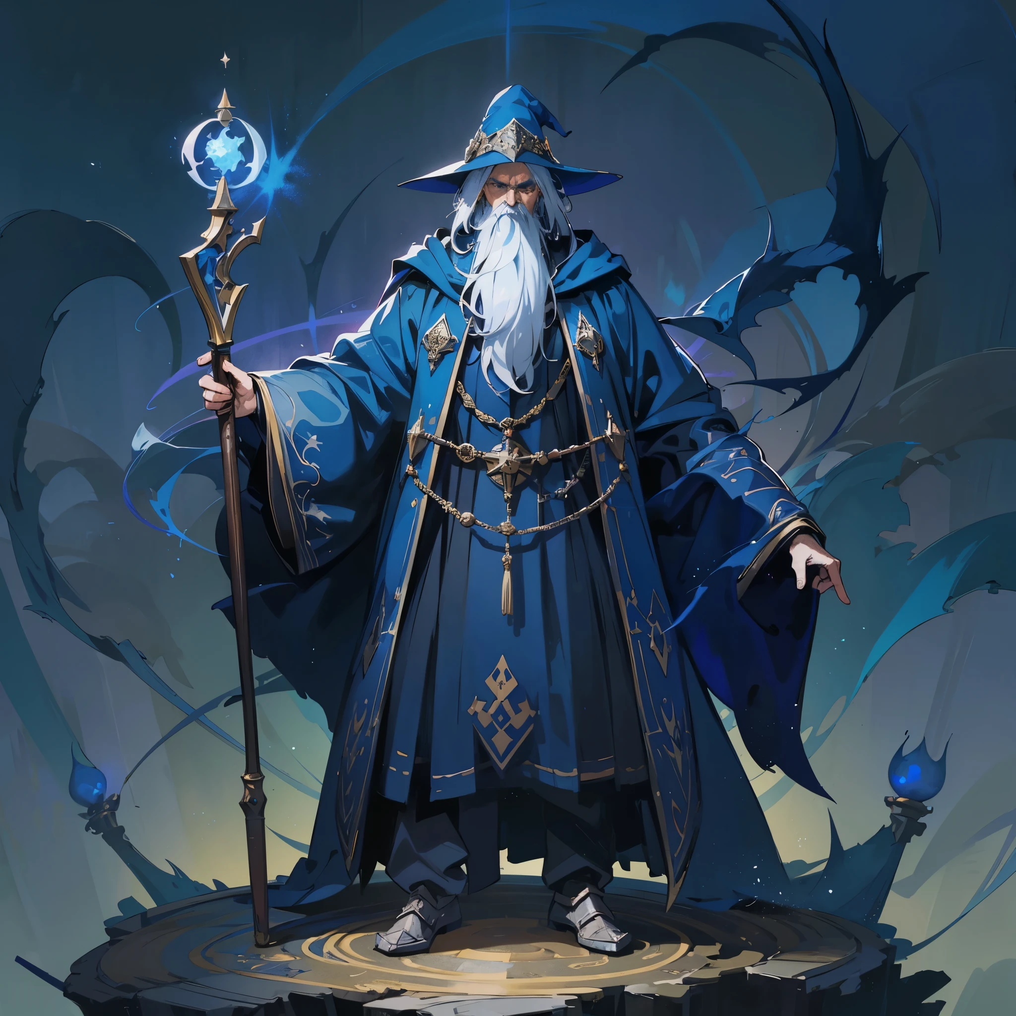 an older man，European medieval magician，wizard，Wearing dark blue mage robes，Holding staff，Stand in the middle of the magic array，The surrounding environment is a magic academy。Medium shot composition，full body picture，characters and scenes，Game concept art style，Anime illustration style，watercolor style，Marker style，high-definition，4k。