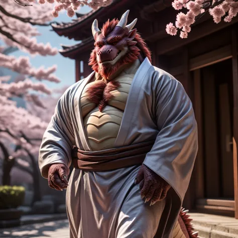 Eastern Dragon, Male, Solo, Middle-Aged, Daddy Vibe, Beard, Dragon horns, Scales, Wearing Kimono, Walking, Japanese Building Ter...