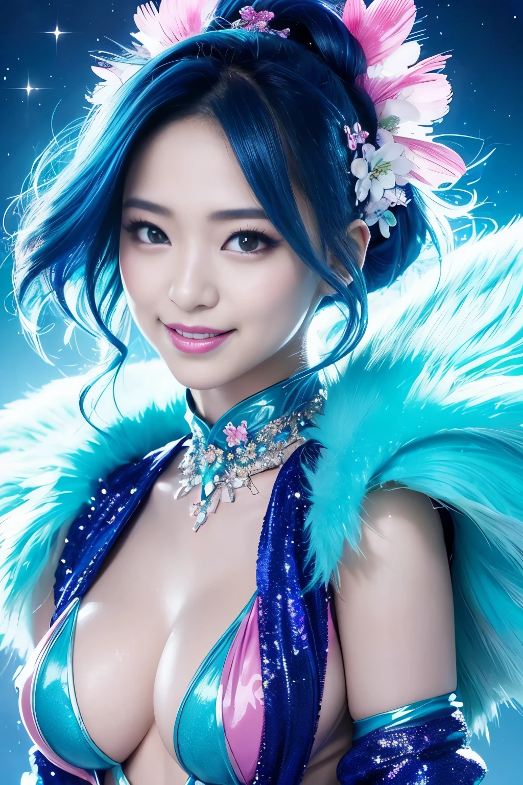 young、beautiful Japanese actress who controls poison、sparkling poisoned flower costume、、、、bold lipstick、dramatic eyeshadow、lipgloss、costume is glossy with neon turquoise and light blue color scheme、full body Esbian、closeup、enticing smile、charismatic、dangerous character、sparkling short dramatic colorful hair、secrete poison、skull hair accessories、flowers background 