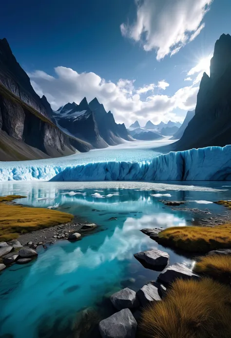 ultra-wide-angle scenes of vast land, natural wonders, mysterious and spectacular ultra-wide-angle scenes of glaciers, and ultra...