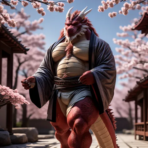 Eastern Dragon, Male, Solo, Middle-Aged, Daddy Vibe, Beard, Dragon horns, Scales, Wearing Kimono, Walking, Japanese Building Ter...