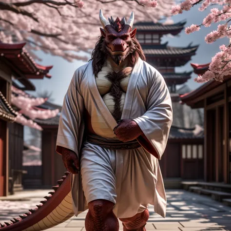 Eastern Dragon, Male, Solo, Middle-Aged, Daddy Vibe, Beard, Dragon horns, Scales, Wearing Kimono, Walking, Japanese Building Ter...