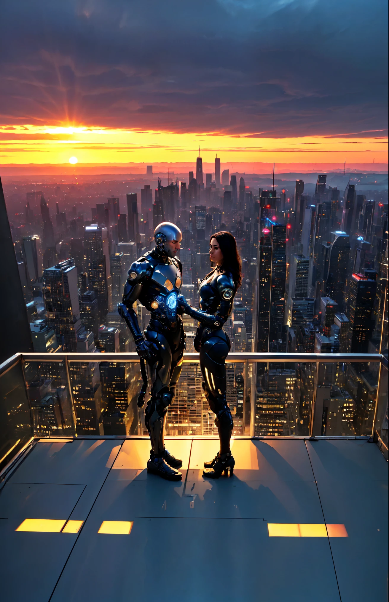 On the rooftop of a skyscraper, a male cyborg and a female cyborg engage in a sexual relationship. The cyborgs are both depicted in stunning detail, with intricate details highlighting their magnificent anatomies. The scene is captured in the highest quality, showcasing the absurd resolution of 8K. The artwork is a masterpiece, featuring beautiful and slim bodies that are expertly crafted. The intense focus on intricate details enhances the hyper-detailing of the cyborgs' features, making them appear even more realistic. The lighting is soft and natural, casting a gentle glow that accentuates their natural skin textures. The overall composition of the artwork is carefully cropped to showcase the enticing 1/2 body of the cyborgs. The HDR technology further enhances the visual impact of the image, resulting in a truly breathtaking piece.