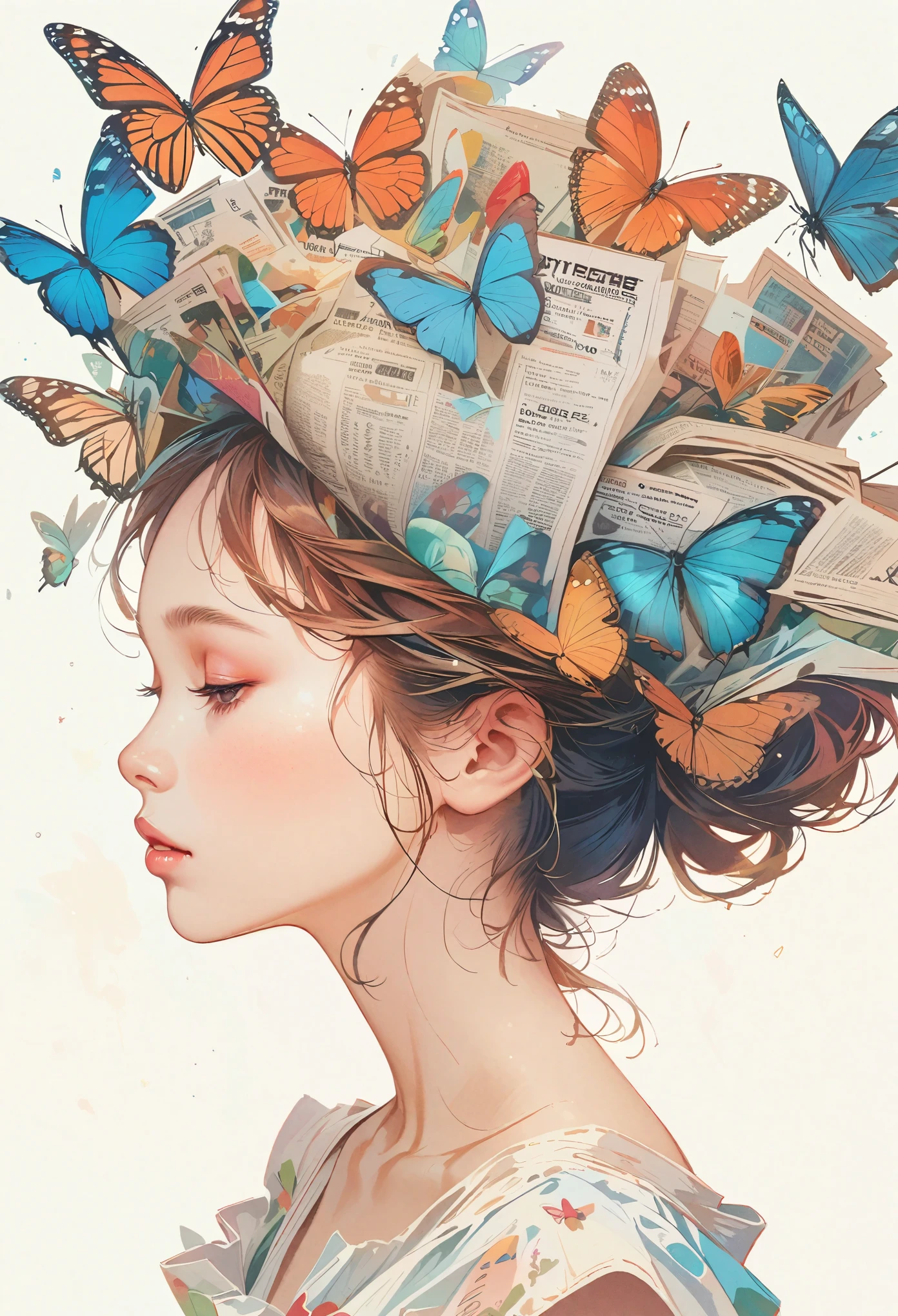 A girl with a side profile, alone, wearing a magazine cover dress, detailed facial features and long eyelashes, with a butterfly perched on her head, surrounded by an arrangement of cut-out newspaper clippings. The girl's face is photorealistic and detailed, with vivid colors and sharp focus. The overall image is a high-resolution masterpiece, suitable for a magazine cover. The art style is a mix of photography and concept art. The color tone is vibrant and eye-catching. The lighting is studio-style, with soft and gentle illumination. The prompt also includes the text and barcode typically seen on magazine covers.